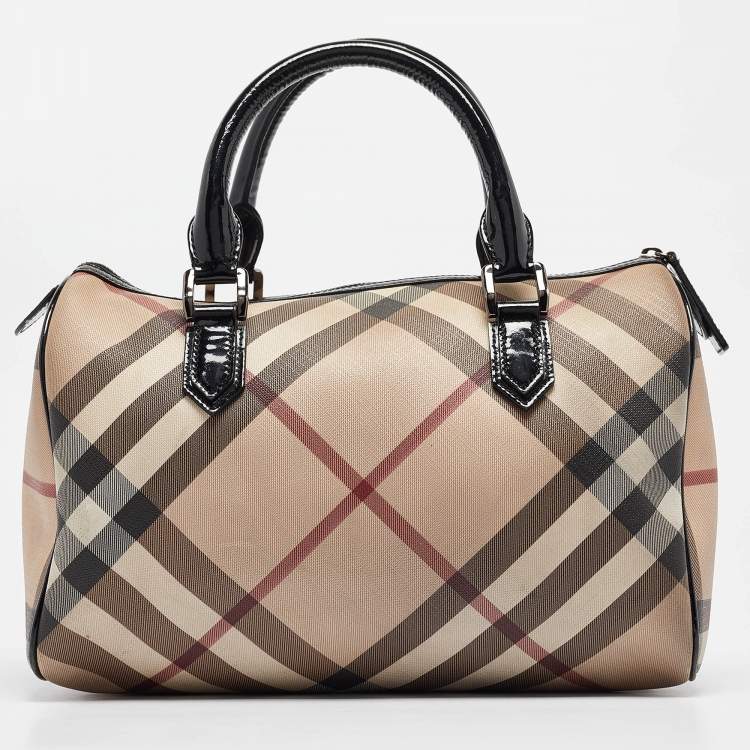 Pre Owned Burberry Black/Beige Nova Check Medium PVC and Patent Leather Chester Boston Bag