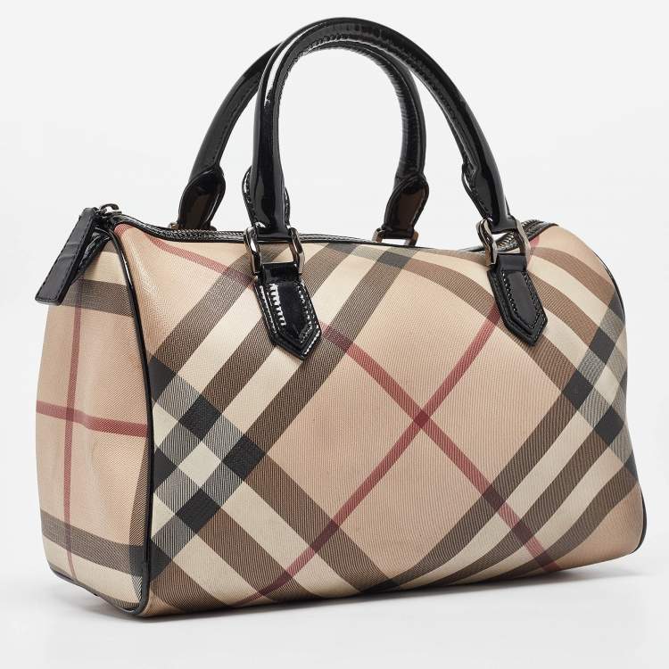 Pre Owned Burberry Black/Beige Nova Check Medium PVC and Patent Leather Chester Boston Bag