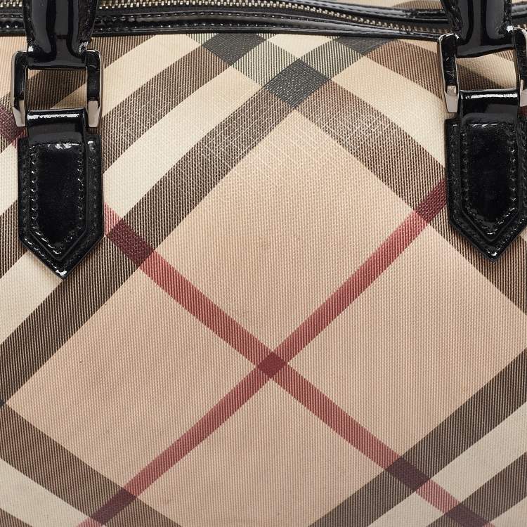 Pre Owned Burberry Black/Beige Nova Check Medium PVC and Patent Leather Chester Boston Bag