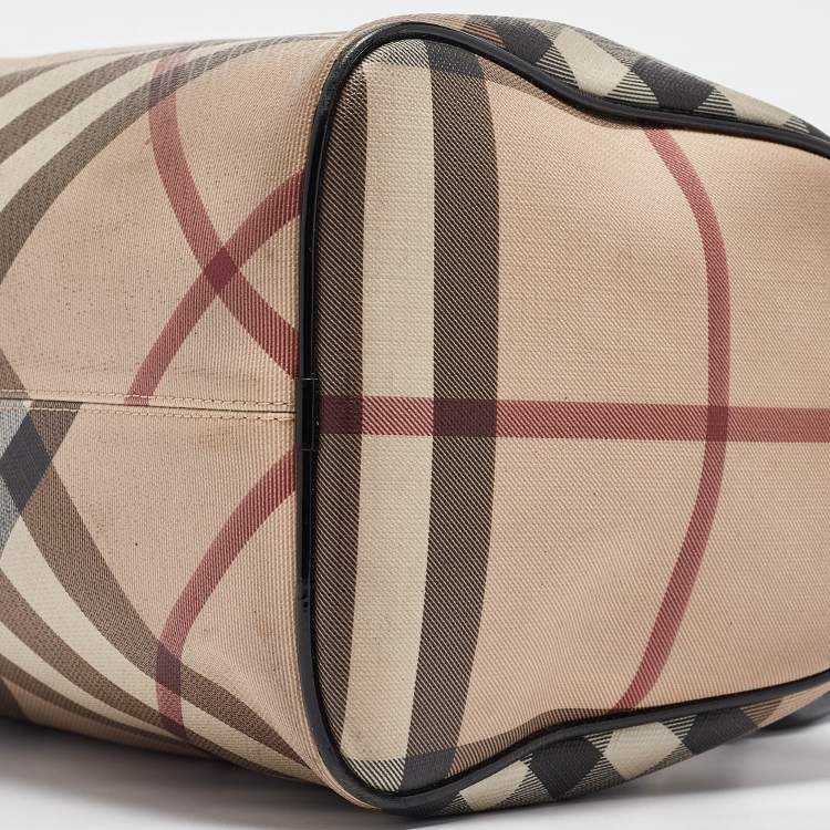 Pre Owned Burberry Black/Beige Nova Check Medium PVC and Patent Leather Chester Boston Bag