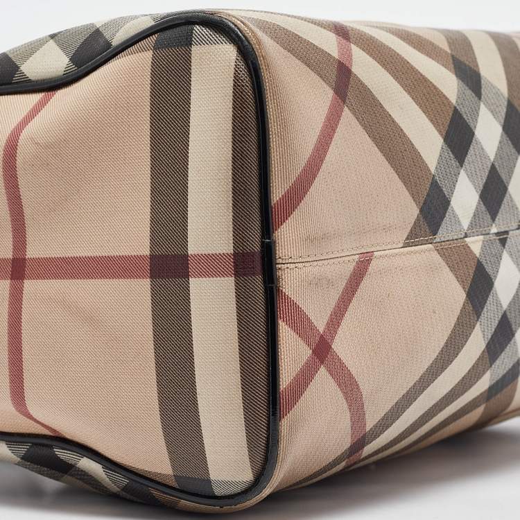 Pre Owned Burberry Black/Beige Nova Check Medium PVC and Patent Leather Chester Boston Bag