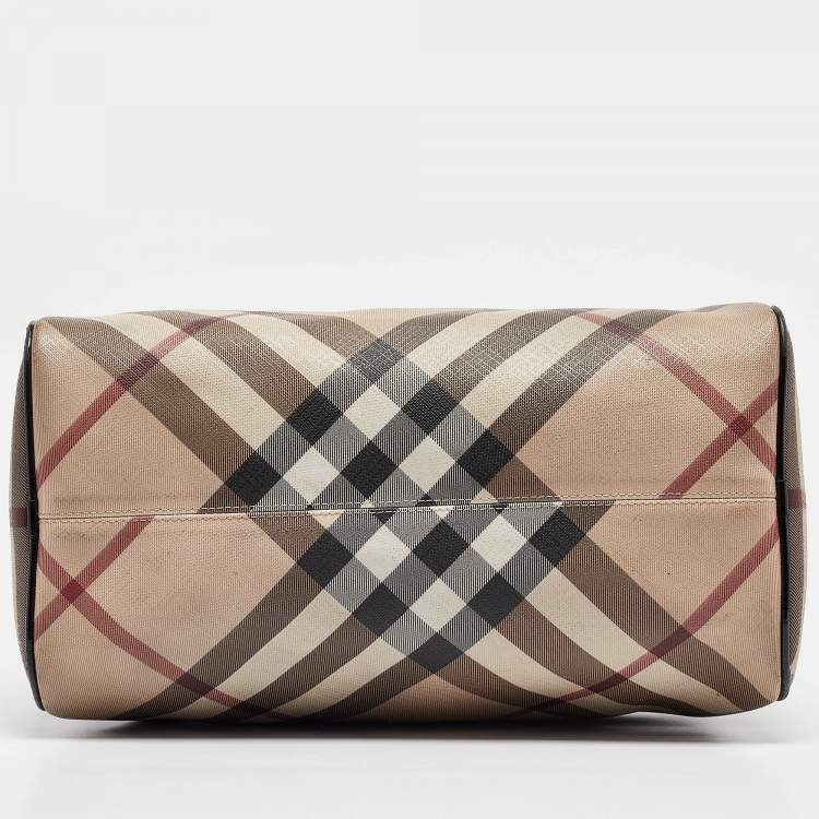 Pre Owned Burberry Black/Beige Nova Check Medium PVC and Patent Leather Chester Boston Bag