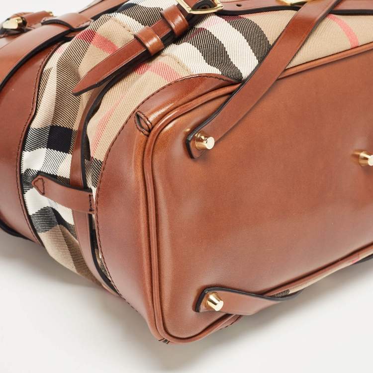 Pre Owned Burberry Brown/Beige House Check Canvas and Leather Medium Bridle Lynher Tote