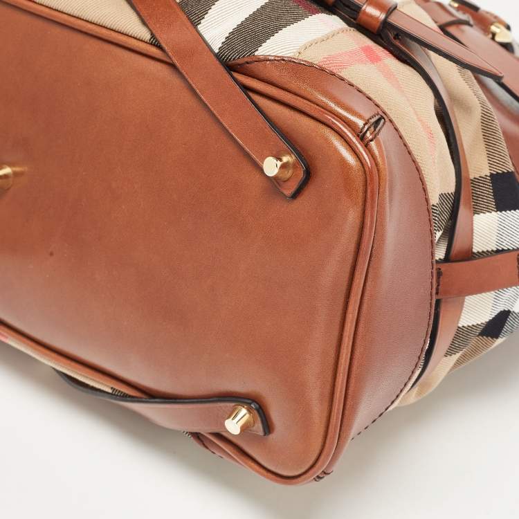 Pre Owned Burberry Brown/Beige House Check Canvas and Leather Medium Bridle Lynher Tote