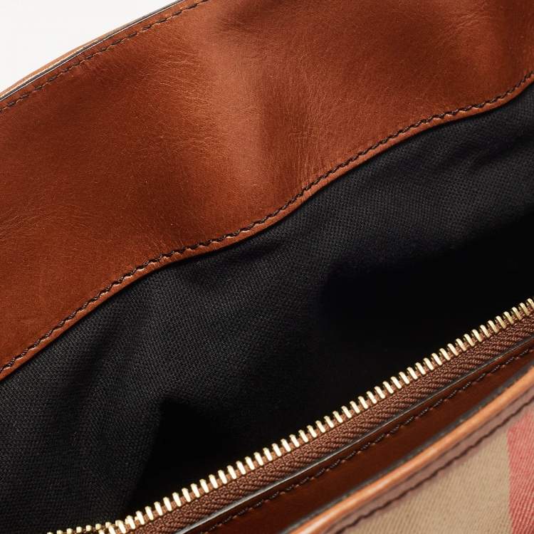 Pre Owned Burberry Brown/Beige House Check Canvas and Leather Medium Bridle Lynher Tote