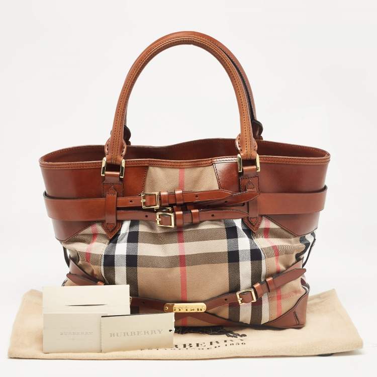 Pre Owned Burberry Brown/Beige House Check Canvas and Leather Medium Bridle Lynher Tote
