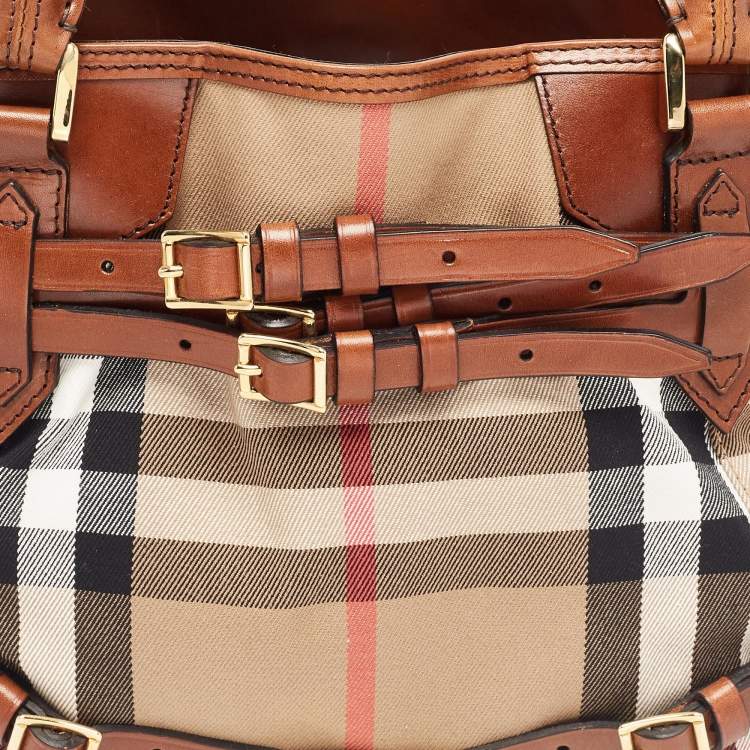 Pre Owned Burberry Brown/Beige House Check Canvas and Leather Medium Bridle Lynher Tote