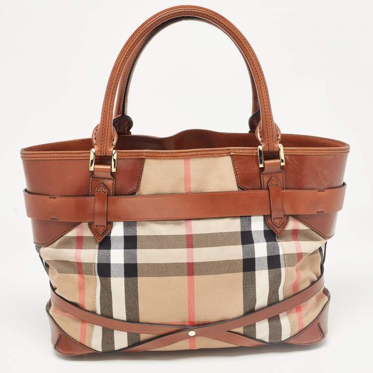 Pre Owned Burberry Brown/Beige House Check Canvas and Leather Medium Bridle Lynher Tote