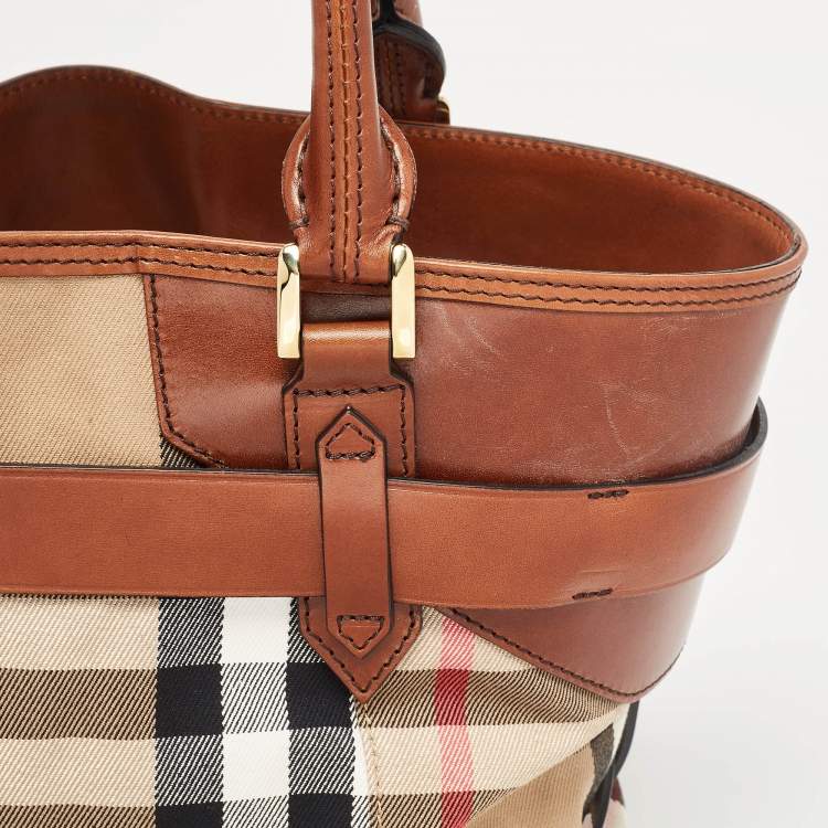 Pre Owned Burberry Brown/Beige House Check Canvas and Leather Medium Bridle Lynher Tote