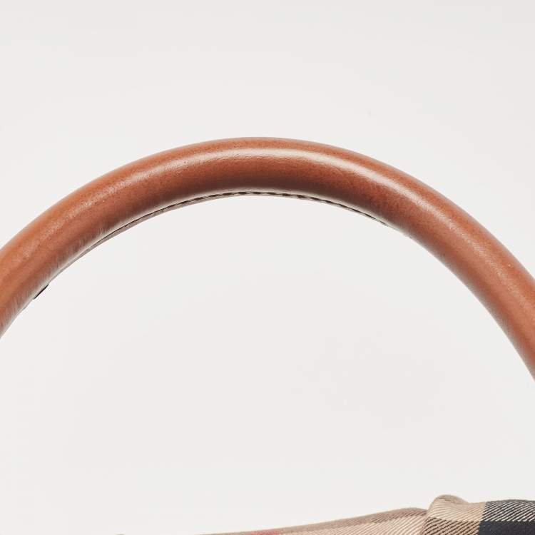 Pre Owned Burberry Brown House Check Fabric and Leather Bridle Tote