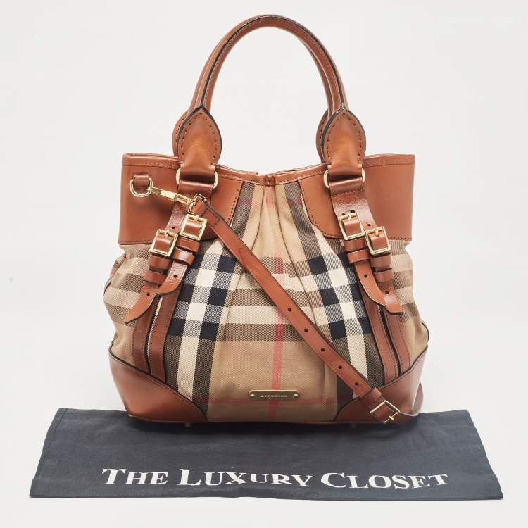 Pre Owned Burberry Brown House Check Fabric and Leather Bridle Tote