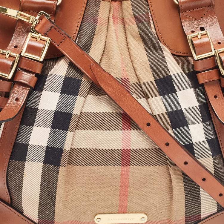 Pre Owned Burberry Brown House Check Fabric and Leather Bridle Tote