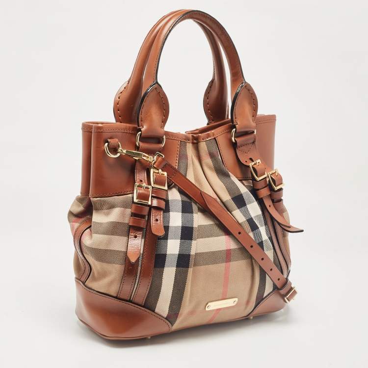 Pre Owned Burberry Brown House Check Fabric and Leather Bridle Tote