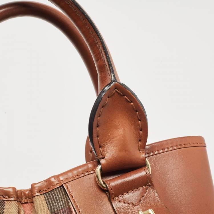 Pre Owned Burberry Brown House Check Fabric and Leather Bridle Tote