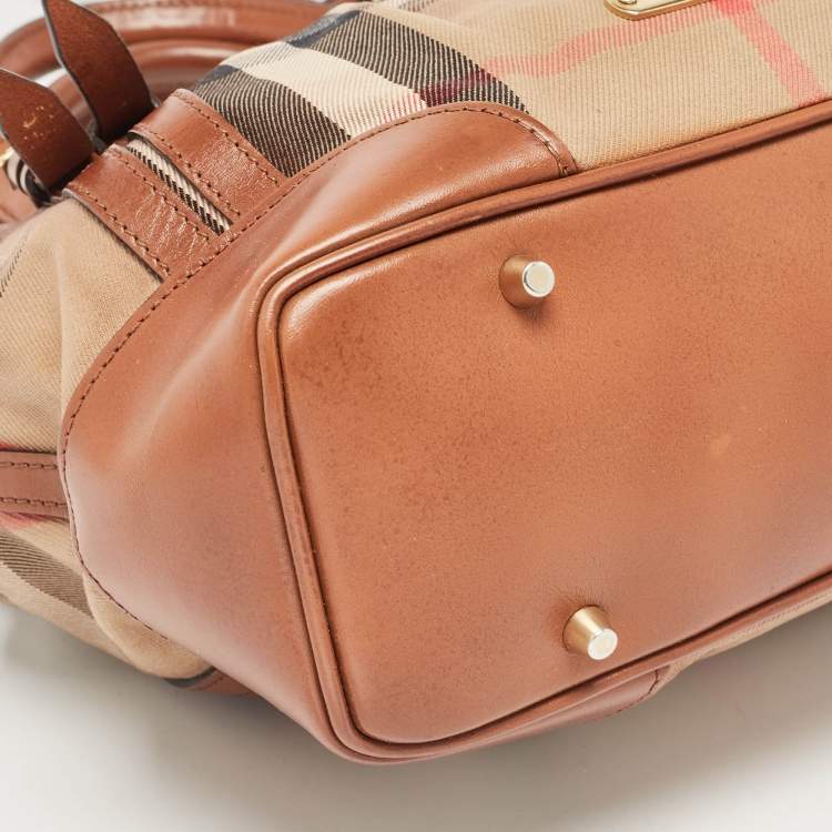 Pre Owned Burberry Brown House Check Fabric and Leather Bridle Tote