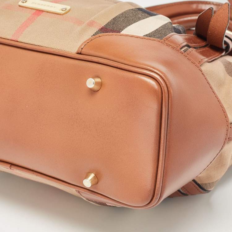Pre Owned Burberry Brown House Check Fabric and Leather Bridle Tote