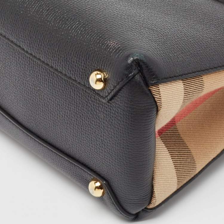 Pre Owned Burberry Black/Beige House Check Fabric and Leather Mini Banner Tote