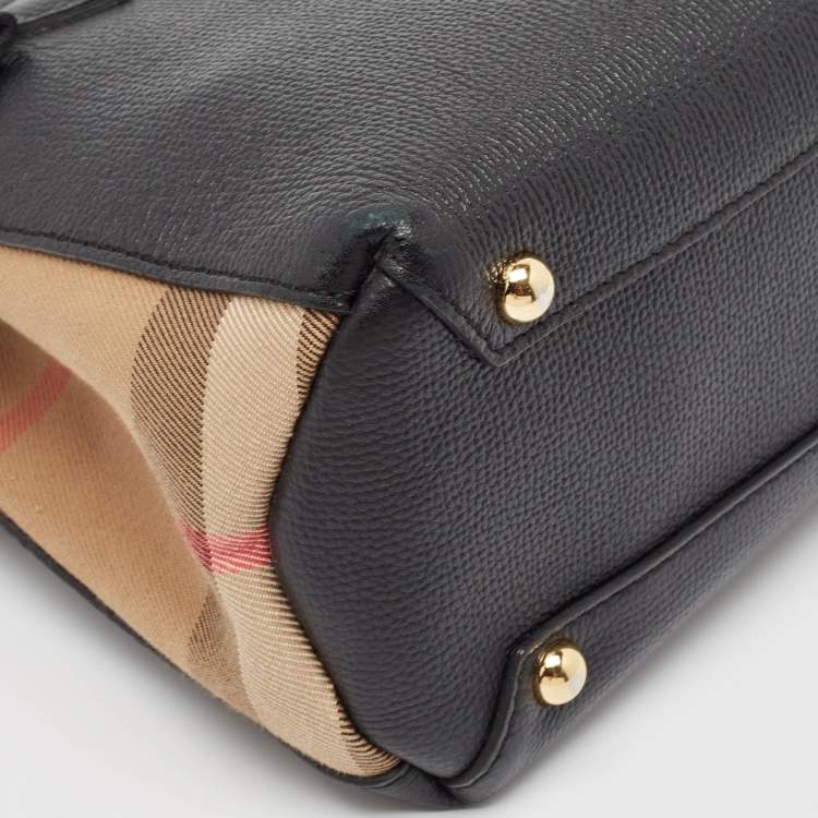 Pre Owned Burberry Black/Beige House Check Fabric and Leather Mini Banner Tote