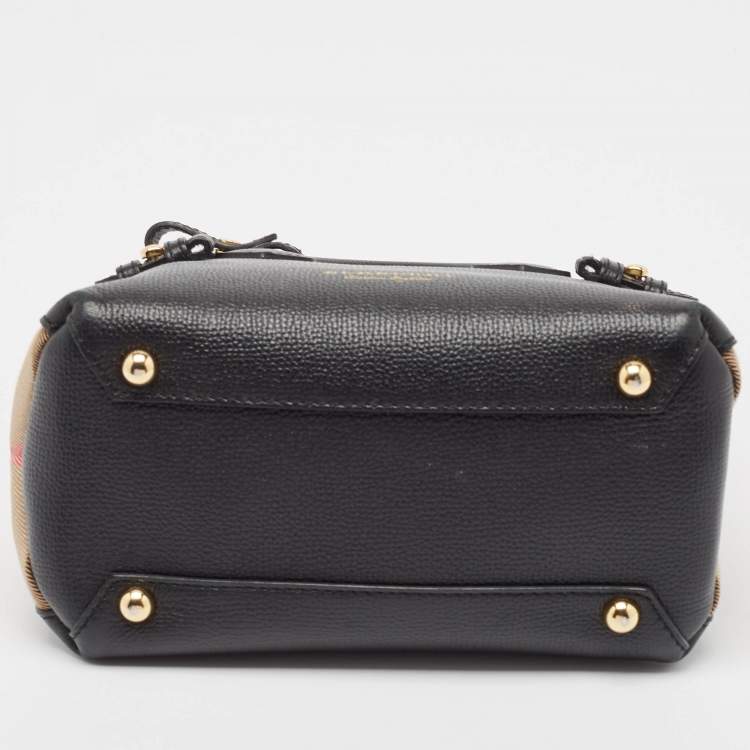 Pre Owned Burberry Black/Beige House Check Fabric and Leather Mini Banner Tote