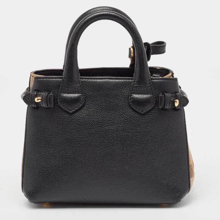 Pre Owned Burberry Black/Beige House Check Fabric and Leather Mini Banner Tote