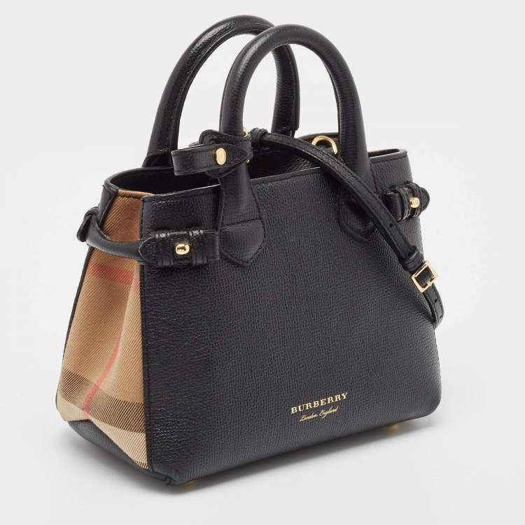 Pre Owned Burberry Black/Beige House Check Fabric and Leather Mini Banner Tote