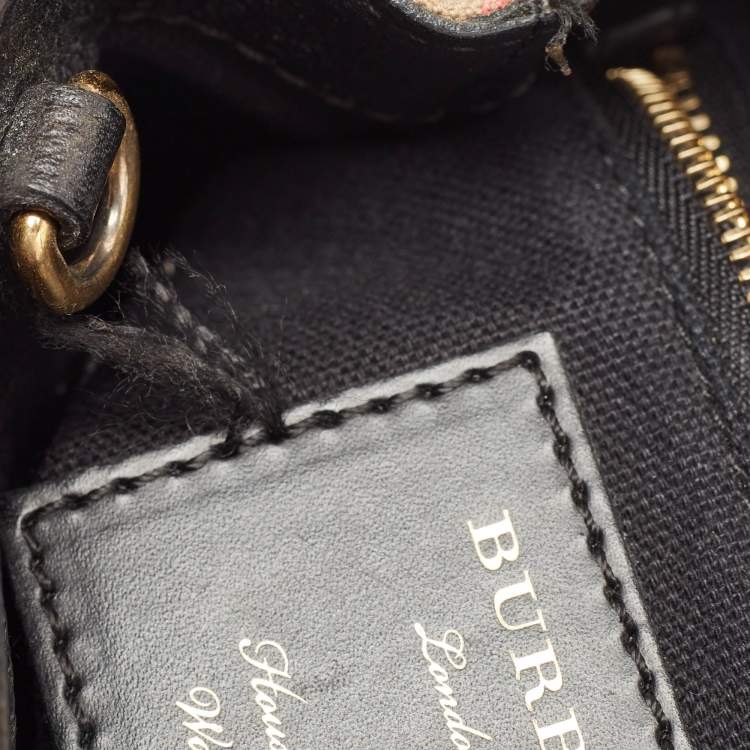 Pre Owned Burberry Black/Beige House Check Fabric and Leather Mini Banner Tote
