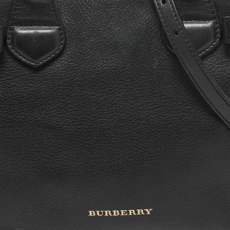 Pre Owned Burberry Black/Beige House Check Fabric and Leather Small Banner Tote