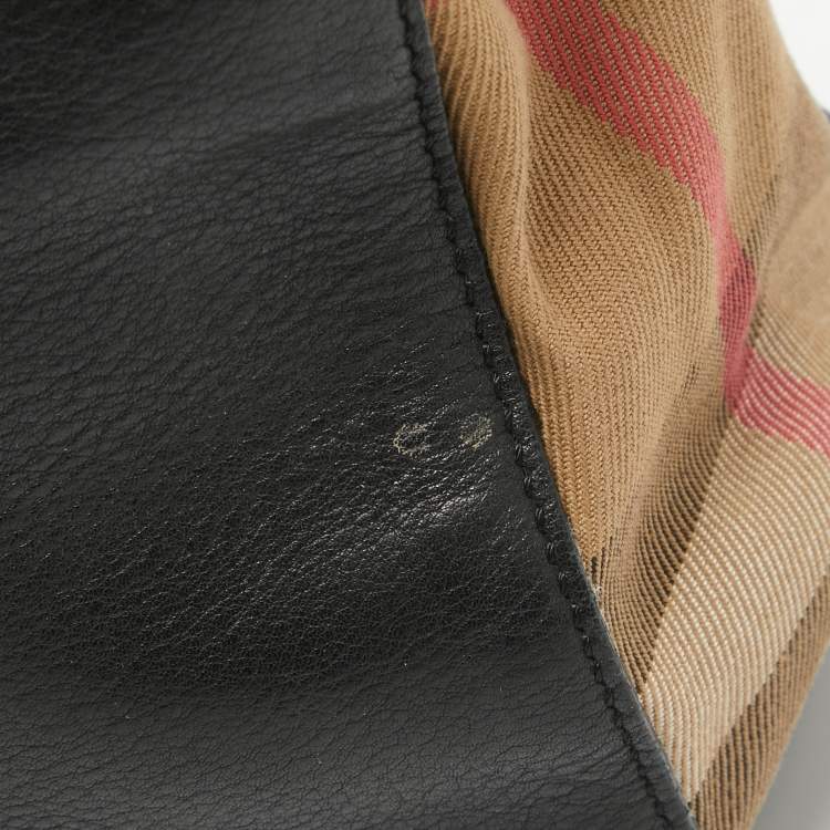 Pre Owned Burberry Black/Beige House Check Fabric and Leather Small Banner Tote