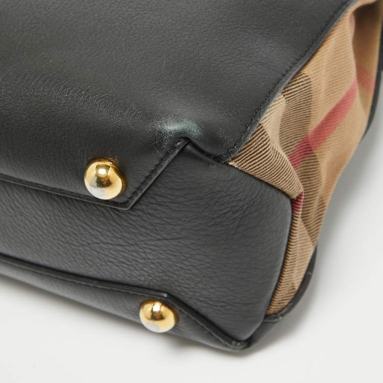 Pre Owned Burberry Black/Beige House Check Fabric and Leather Small Banner Tote