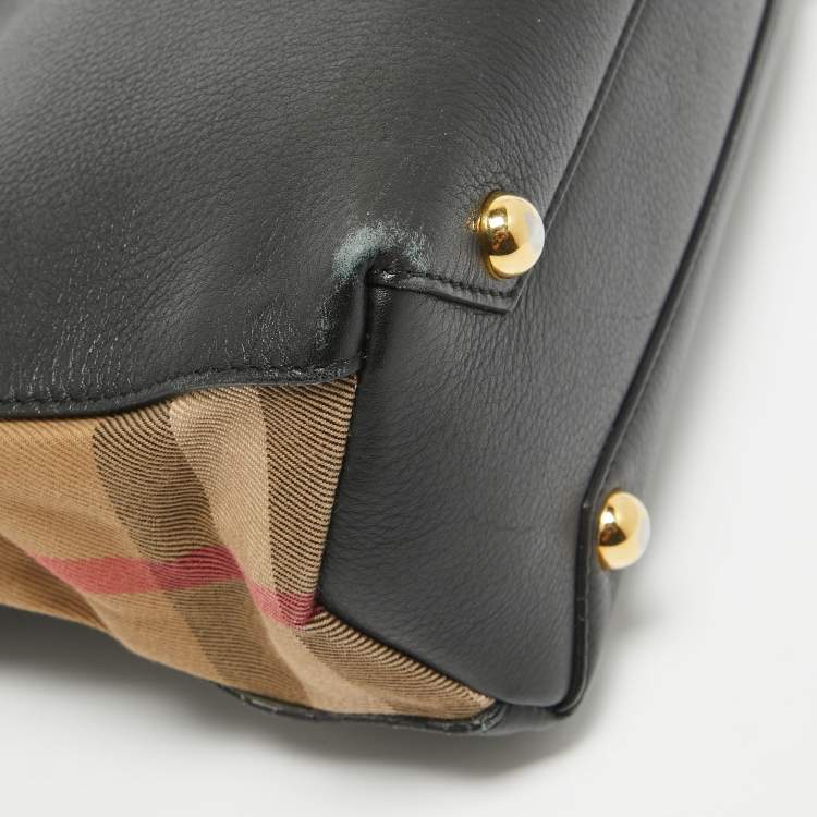 Pre Owned Burberry Black/Beige House Check Fabric and Leather Small Banner Tote