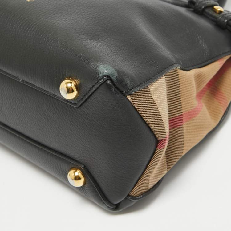 Pre Owned Burberry Black/Beige House Check Fabric and Leather Small Banner Tote