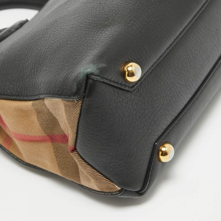 Pre Owned Burberry Black/Beige House Check Fabric and Leather Small Banner Tote