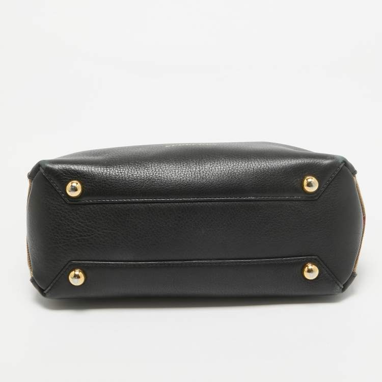 Pre Owned Burberry Black/Beige House Check Fabric and Leather Small Banner Tote