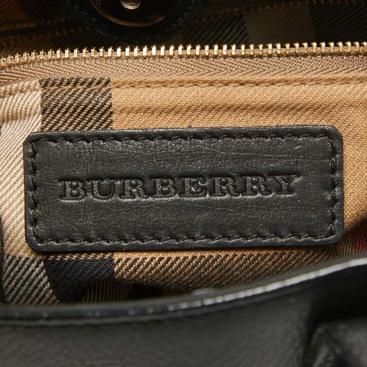 Pre Owned Burberry Black/Beige House Check Fabric and Leather Small Banner Tote