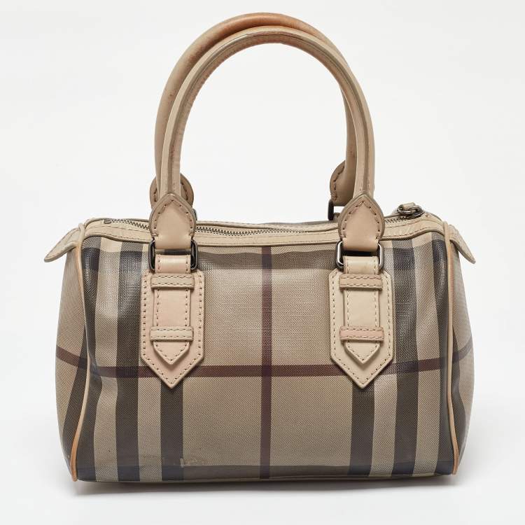 Pre Owned Burberry Beige Smoked Check PVC and Leather Chester Boston Bag