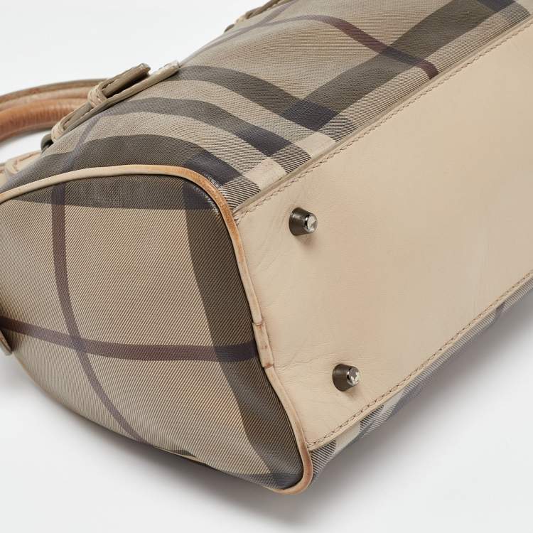 Pre Owned Burberry Beige Smoked Check PVC and Leather Chester Boston Bag