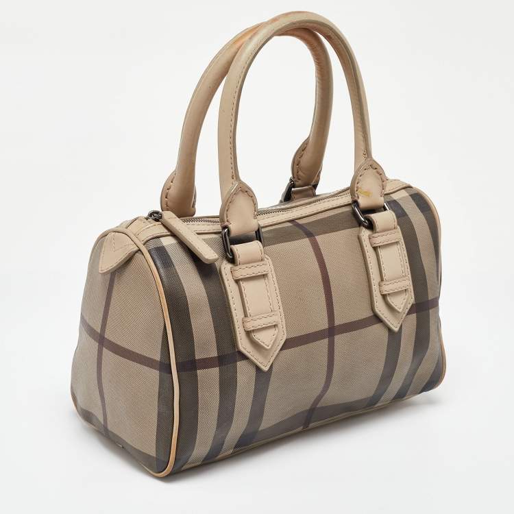 Pre Owned Burberry Beige Smoked Check PVC and Leather Chester Boston Bag