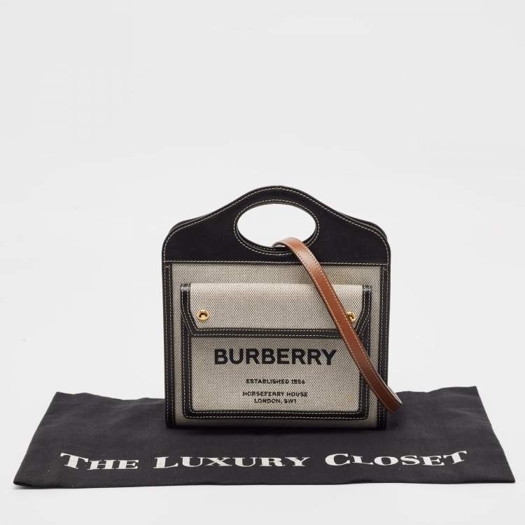Pre Owned Burberry Black/Grey Leather and Canvas Mini Pocket Tote