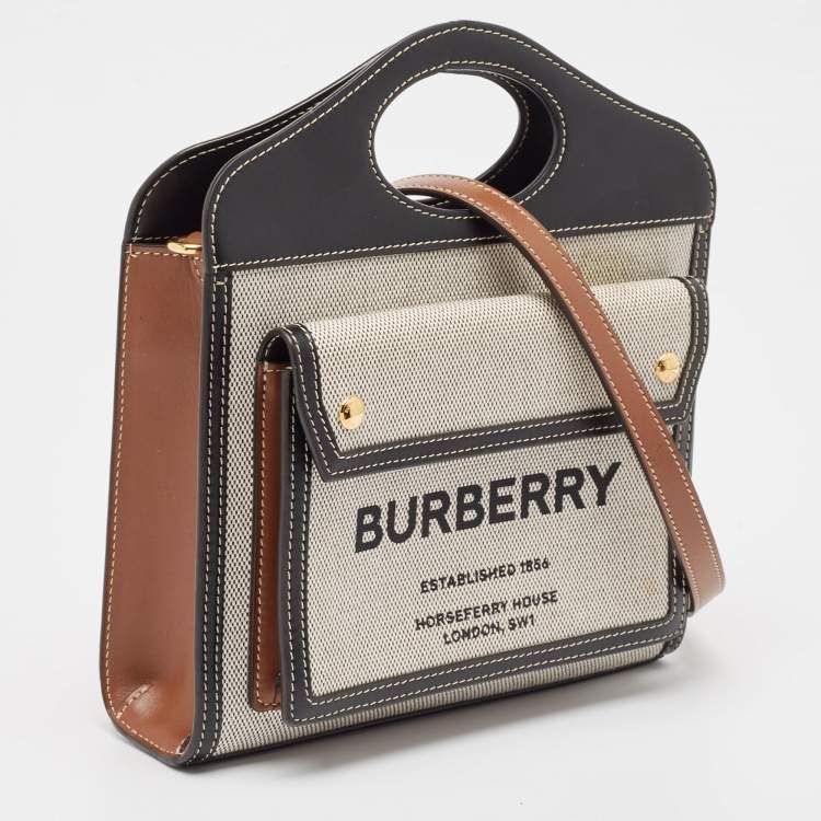 Pre Owned Burberry Black/Grey Leather and Canvas Mini Pocket Tote