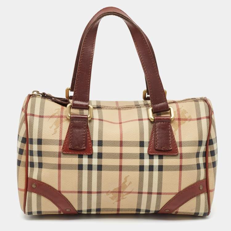 Pre Owned Burberry Brown/Beige Haymarket Coated Canvas and Leather Chester Bowler Bag