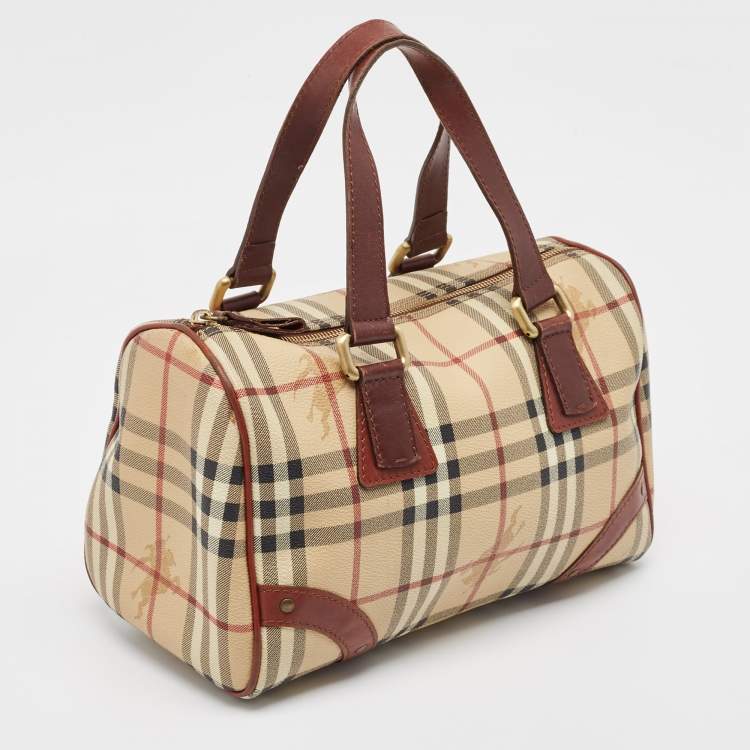 Pre Owned Burberry Brown/Beige Haymarket Coated Canvas and Leather Chester Bowler Bag