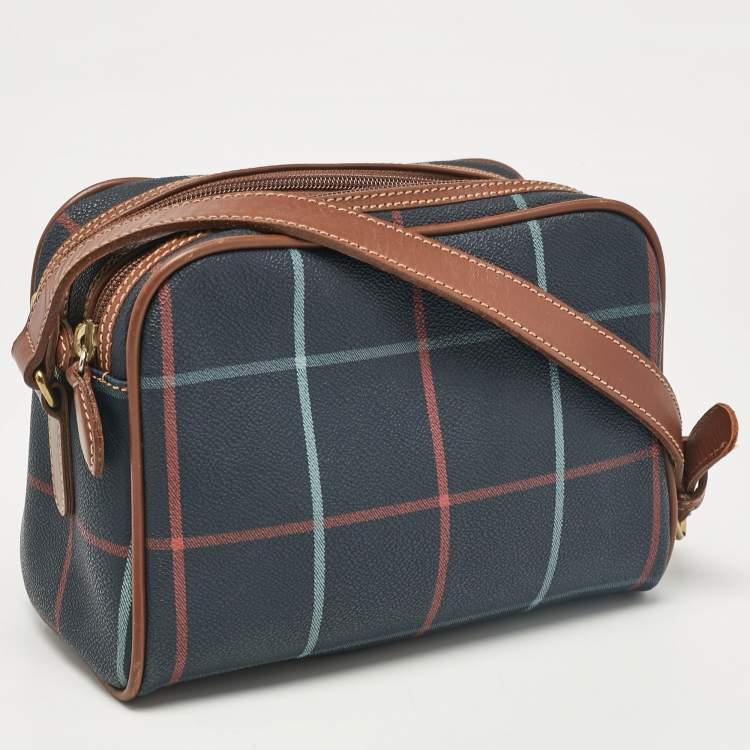 Pre Owned Burberry Navy Blue/Multicolor Checkered Coated Canvas Double Zip Shoulder Bag