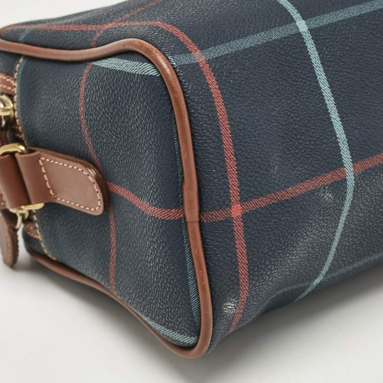 Pre Owned Burberry Navy Blue/Multicolor Checkered Coated Canvas Double Zip Shoulder Bag