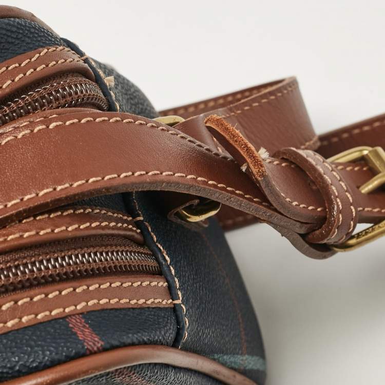 Pre Owned Burberry Navy Blue/Multicolor Checkered Coated Canvas Double Zip Shoulder Bag