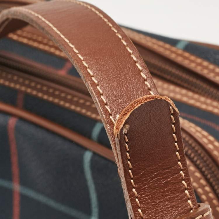 Pre Owned Burberry Navy Blue/Multicolor Checkered Coated Canvas Double Zip Shoulder Bag