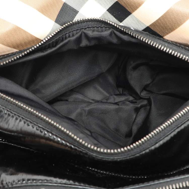 Pre Owned Burberry Beige/Black Nova Check PVC and Patent Leather Satchel