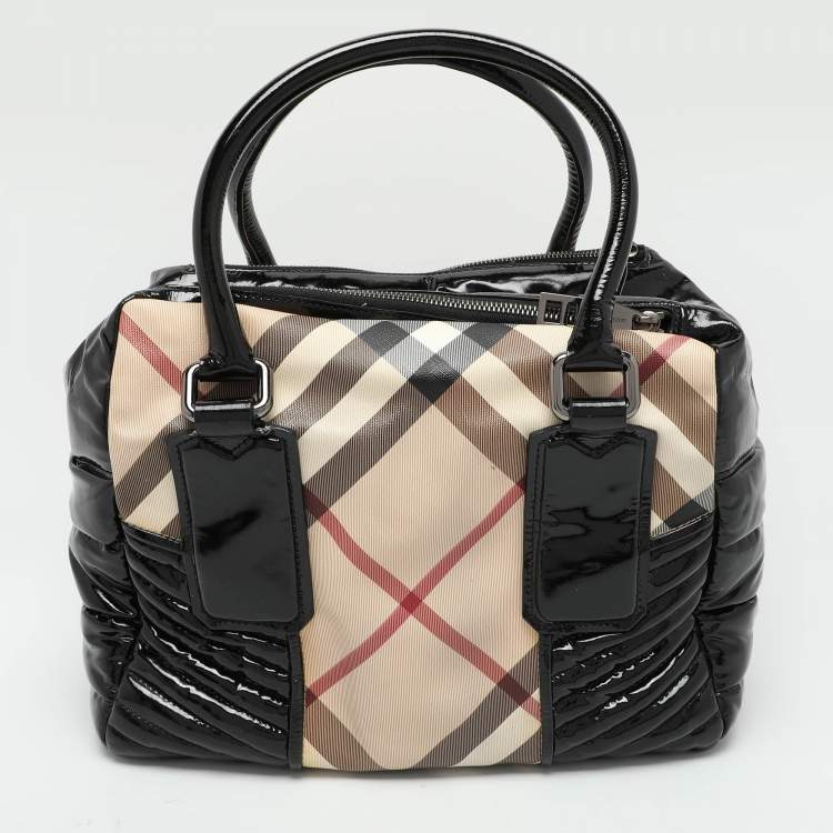 Pre Owned Burberry Beige/Black Nova Check PVC and Patent Leather Satchel