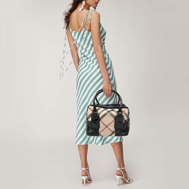 Pre Owned Burberry Beige/Black Nova Check PVC and Patent Leather Satchel