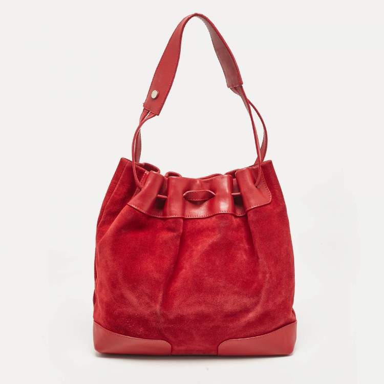 Pre Owned Burberry Red Suede and Leather Bucket Bag