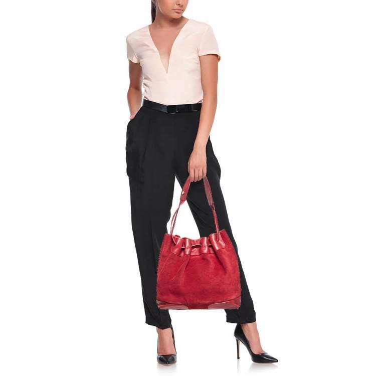 Pre Owned Burberry Red Suede and Leather Bucket Bag